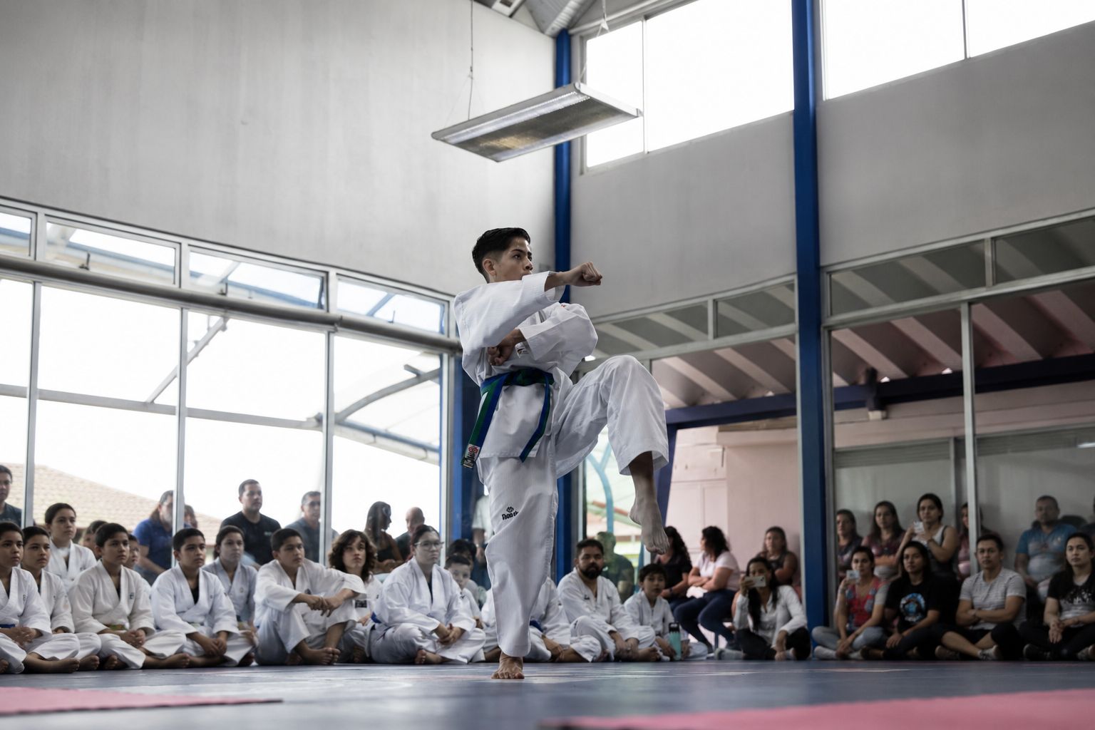 Patada de taekwondo congelada en el aire durante una demostración, en blanco y negro